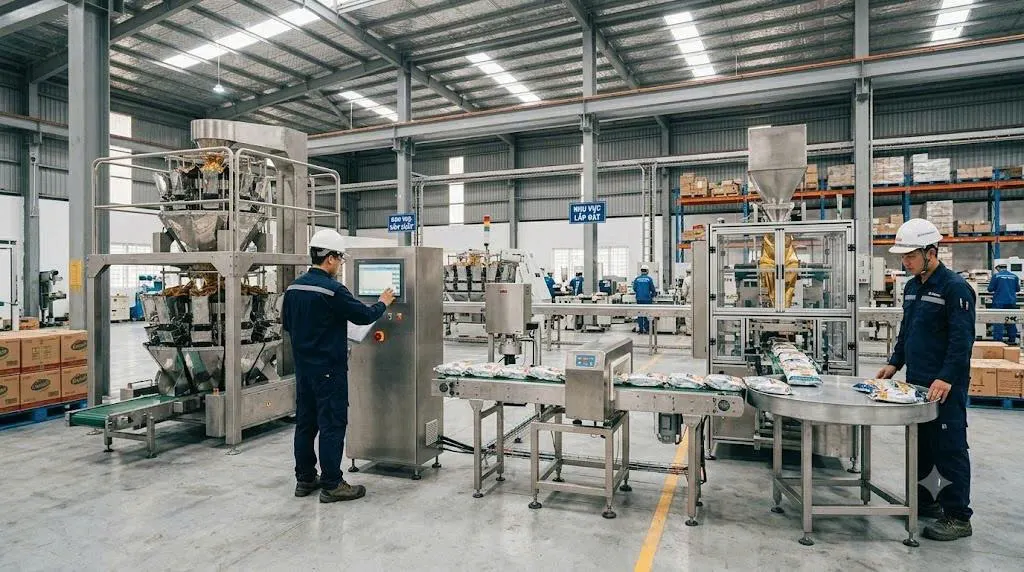 tích hợp máy đóng gói vào dây chuyền sản xuất
