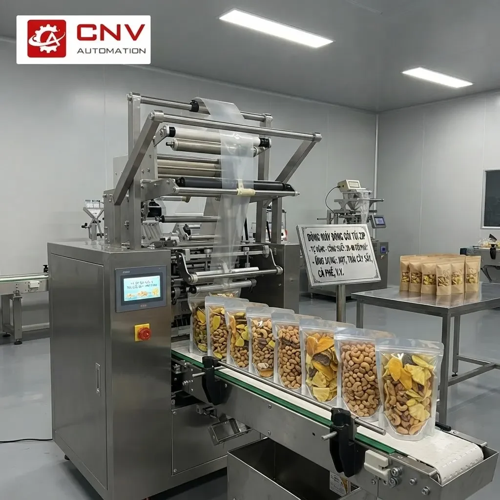 Máy đóng gói túi zip CNV Automation đóng gói hạt và trái cây sấy